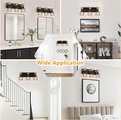 Miniatura 7 de FadimiKoo Lámpara de tocador de granja de 3 luces para baño, lámparas de baño de madera sobre el espejo, luz industrial negra con pantalla de metal