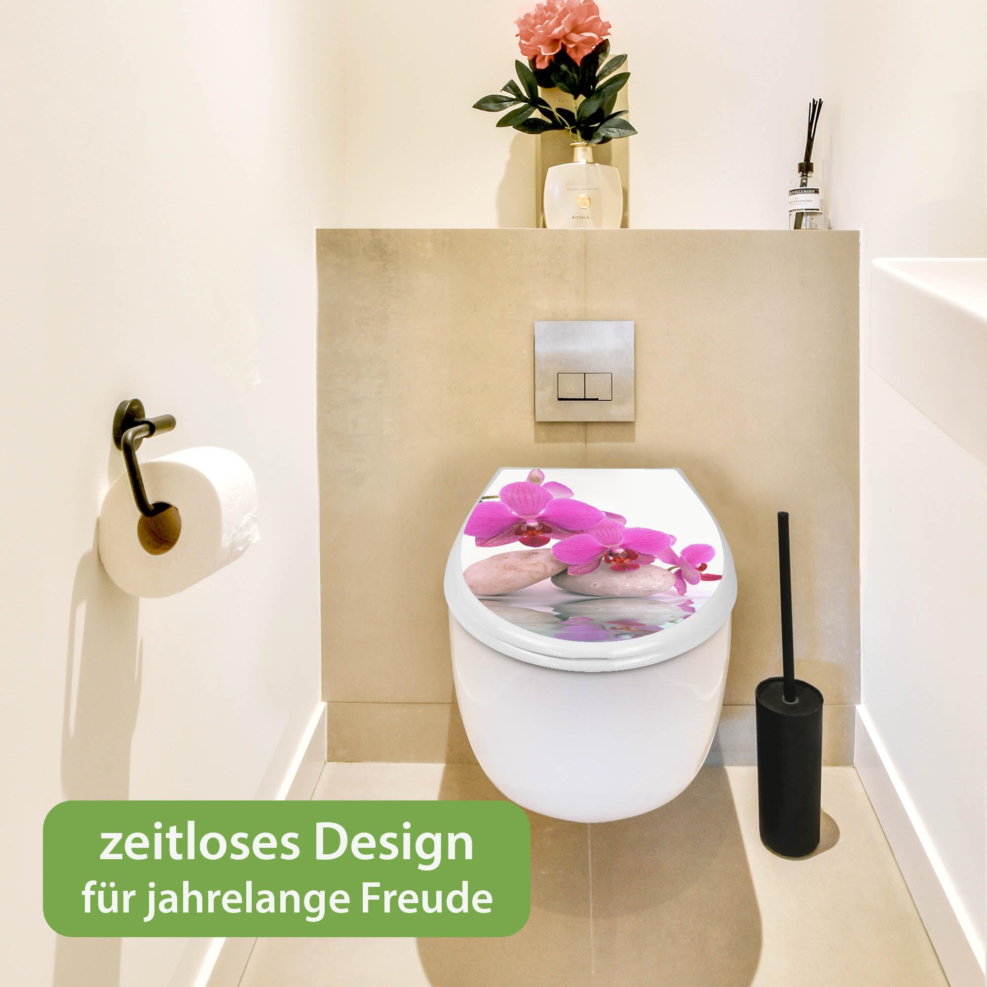 banjado Familien WC Sitz mit Absenkautomatik 44,9x37,1cm - Klobrille mit Kindersitz aus hochwertigem Polypropylen - Toilettendeckel mit Kinder Toilettensitz integriert - Motiv Orchidee