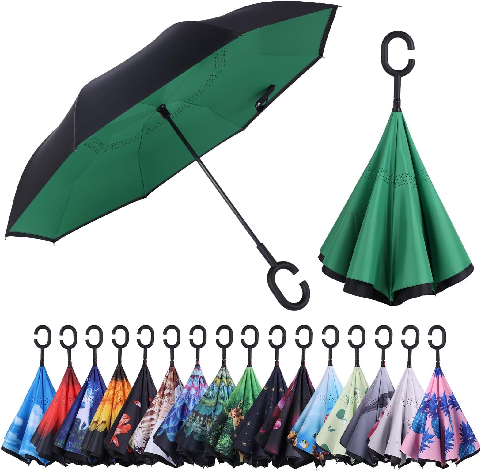 WxjiahetaiWxjiahetai Inverted Umbrella, Windproof Reverse Umbrellas for Rain with Reversible Inside-Out Design Large Upside Down Umbrella for Women & Men with C-shaped Handle (Green)