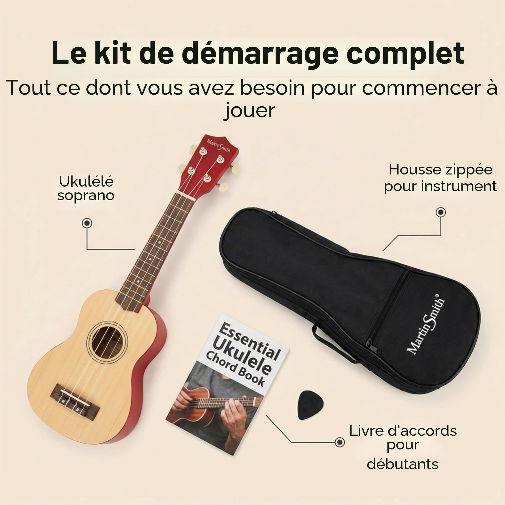 Martin Smith Ukulélé Soprano 21 Pouces, Set Débutant Acoustique 4 Cordes pour Enfants et Adultes avec Housse et Livre d’Accords, Naturel