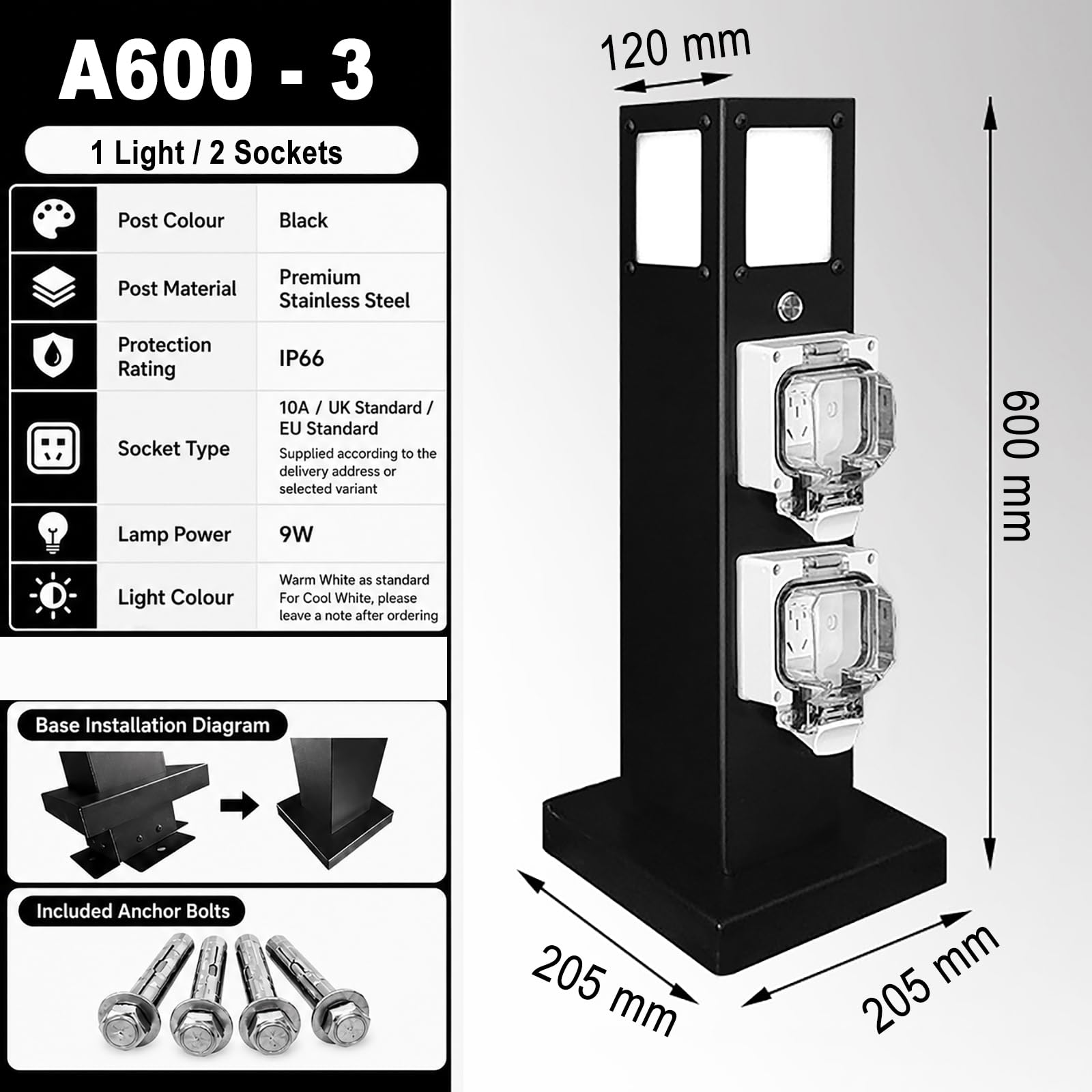 Colonnina da Giardino con Presa Ip66, Rubinetto E Luce LED, Acciaio Inox A600 3