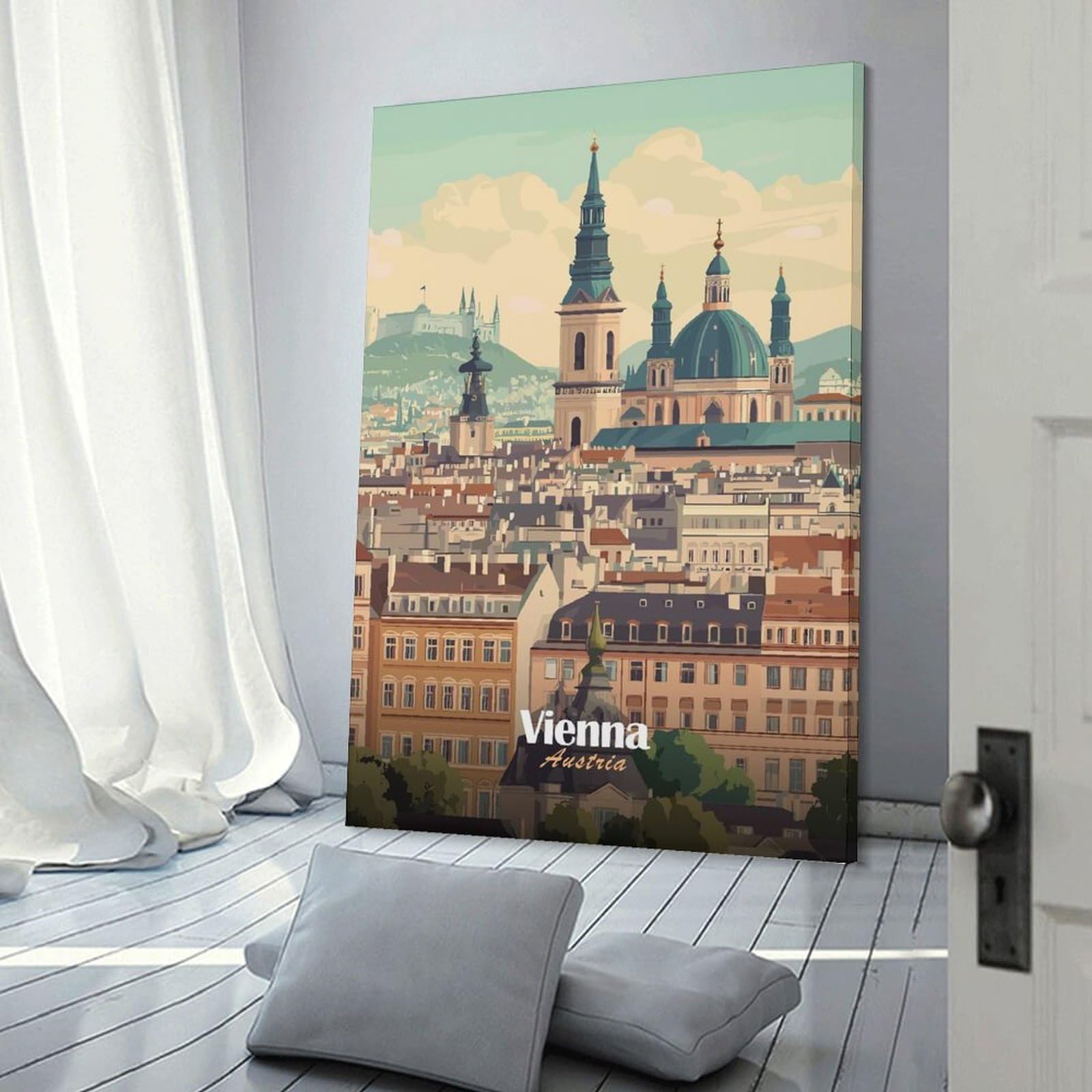 Junmoney Frame-Style-22 Vienna Cityscape Canvas Wall Picture, 24X36inch(60X90cm), For Study, Office Or Focused Interiors, Home Office Artwork With Decorative Appeal