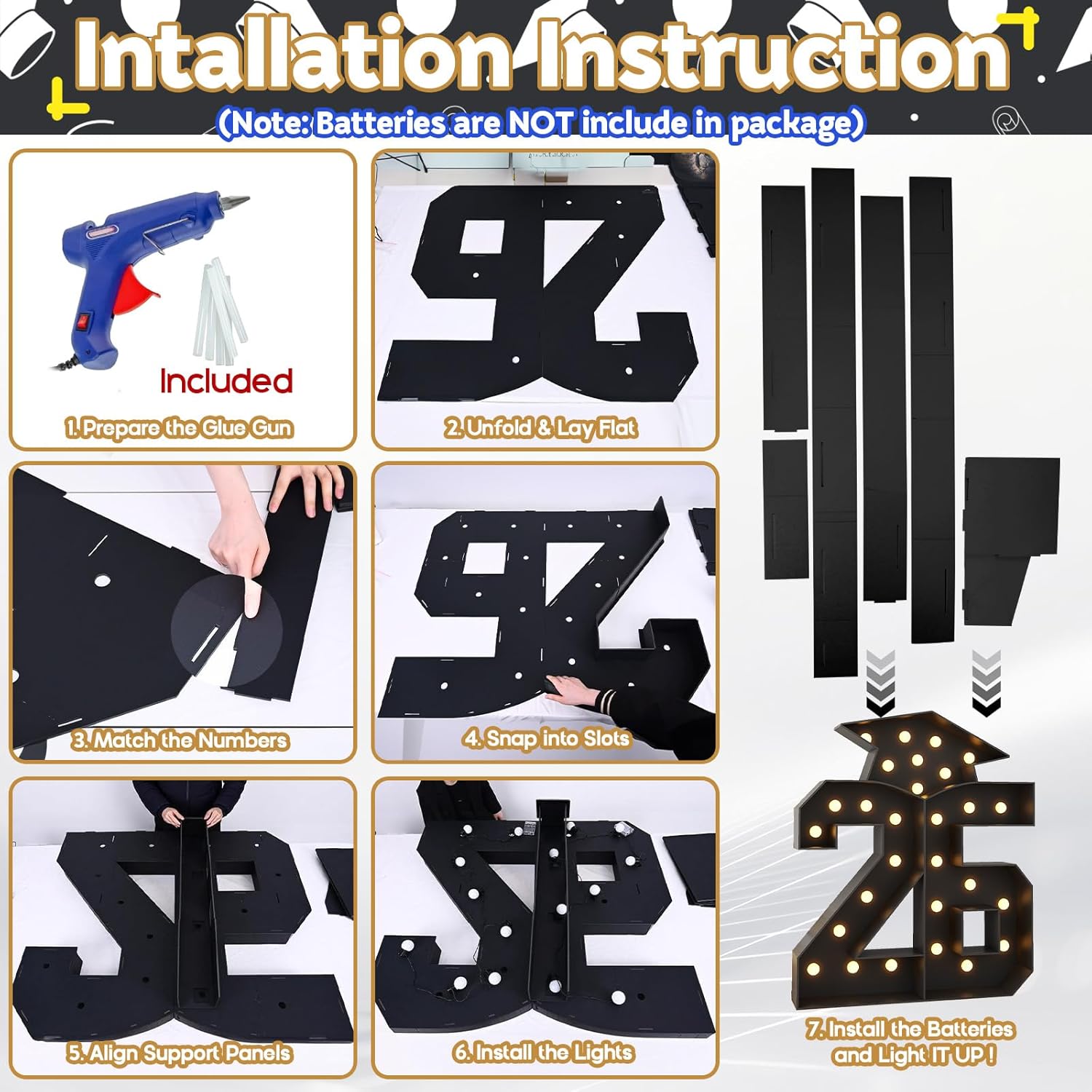 26 Light Up Numbers for 2026 Graduation Decorations 4.5FT Marquee Large 26 Graduation Cap Black Mosaic Number Lights Sign Cardboard Pre-Cut Frame for Class of 2026 High School College Graduation Party