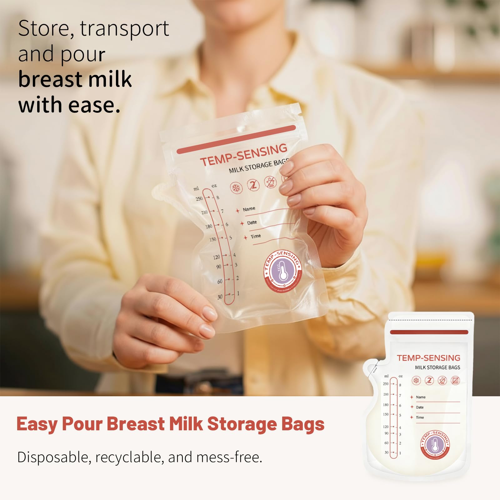 WeSweet 200Pcs Temp-Sensing Breast Milk Storage Bags- 250ml Milk Storage Bags for Breastfeeding with Pour Spout - Image 3