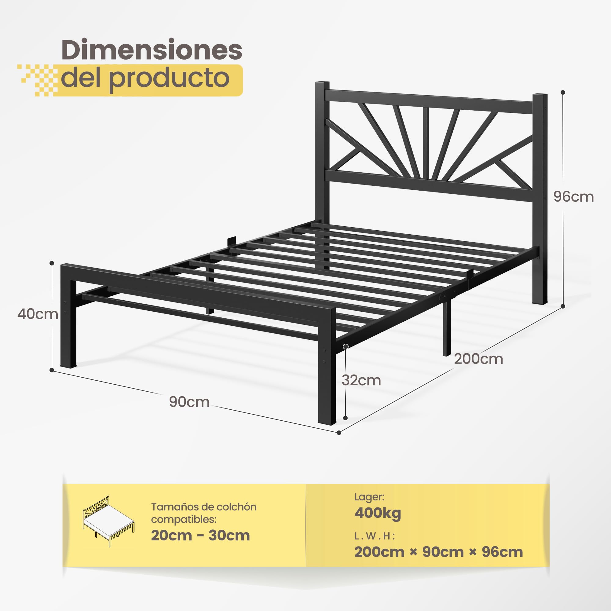 Cama metálica 90 x 200 cm con somier láminas Malla metálica Capacidad Carga de 400 kg cabecero 96 cm Espacio Almacenamiento Debajo la Cama no Requiere colchón de muelles Color Negro Moderno.
