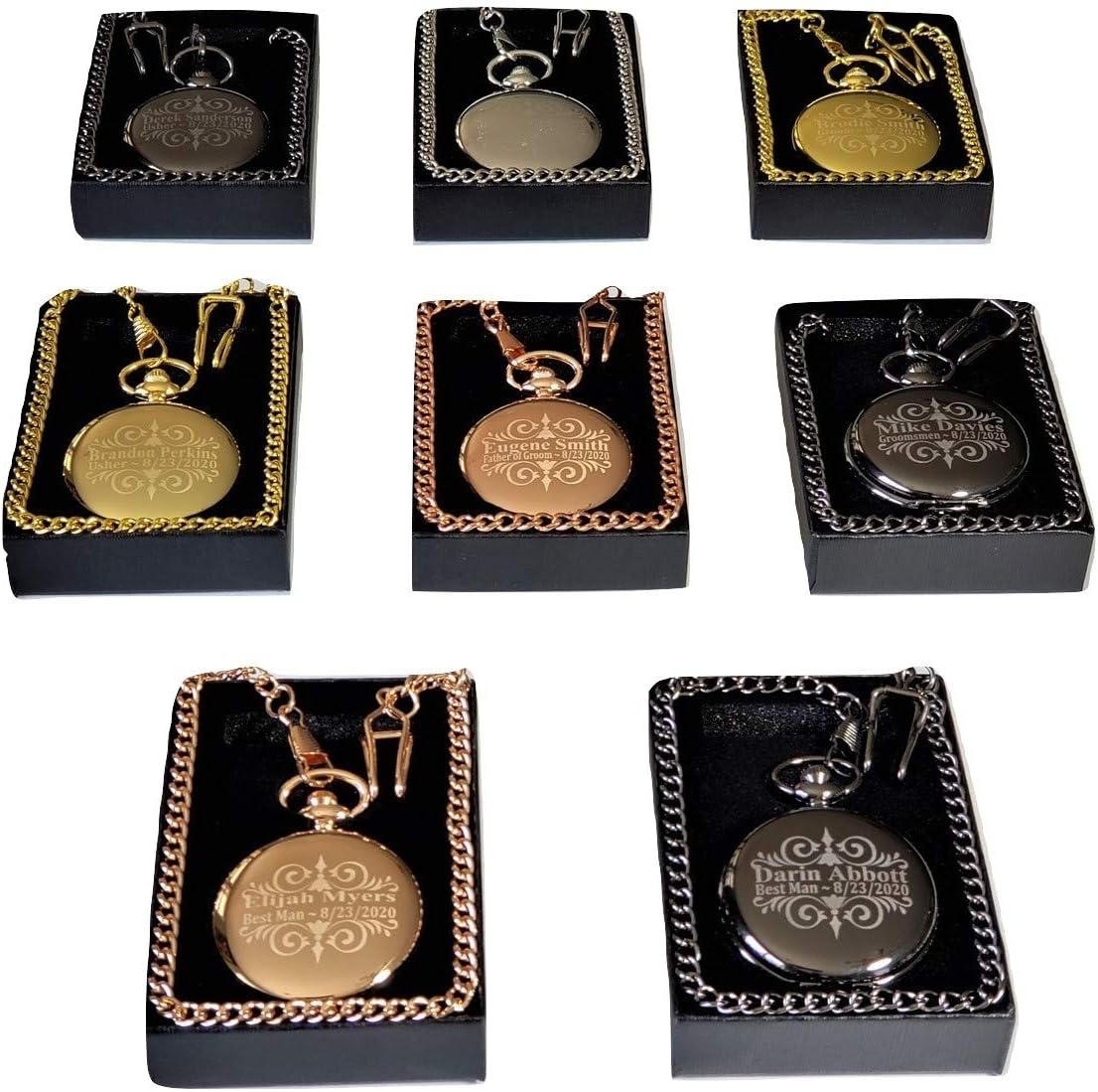 ETERNITY 6 Wedding Pocket Watches Custom Engraved, Set of 6 with Included Engraving, Box and Chain. Personalized Gift (Silver)