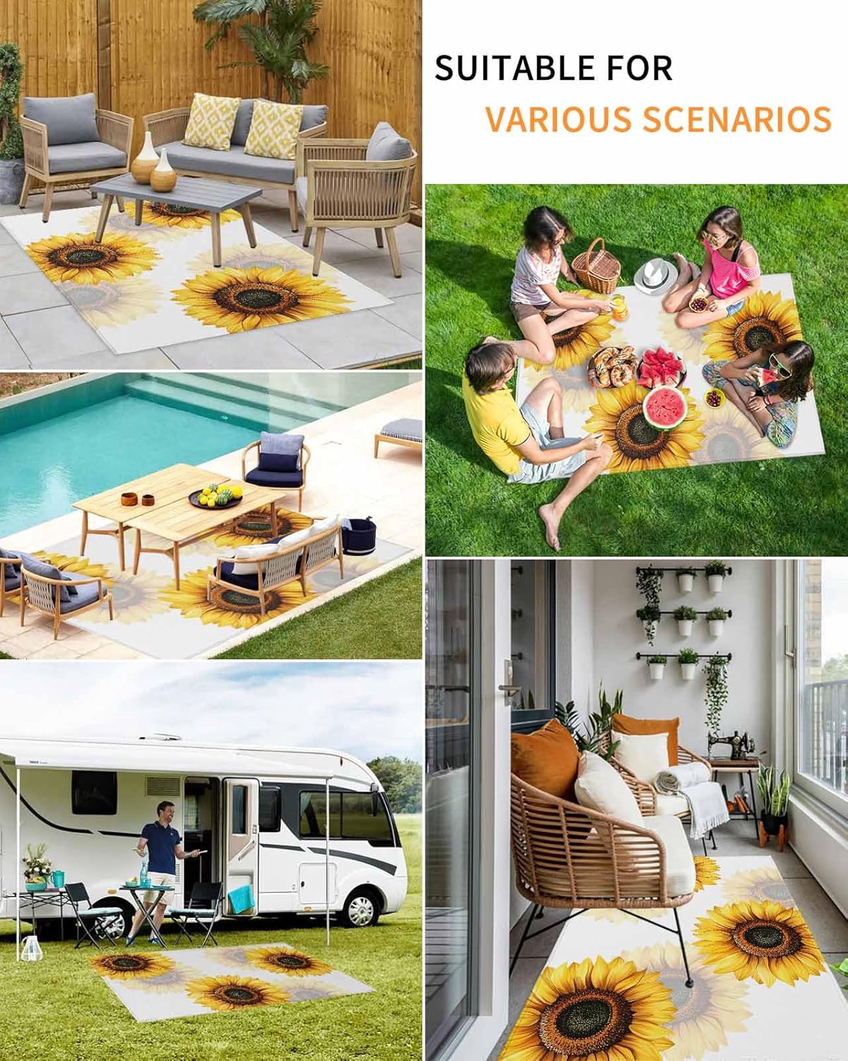 Outdoor Rug 4x6 ft Sunflower Outdoor Large Area Rug Non Slip Rubber Yellow Farmhouse Floral Front Door Mat RV Rug Camping Carpet Patio Outdoor Rugs for Backyard Balcony Deck Porch Indoor Outside