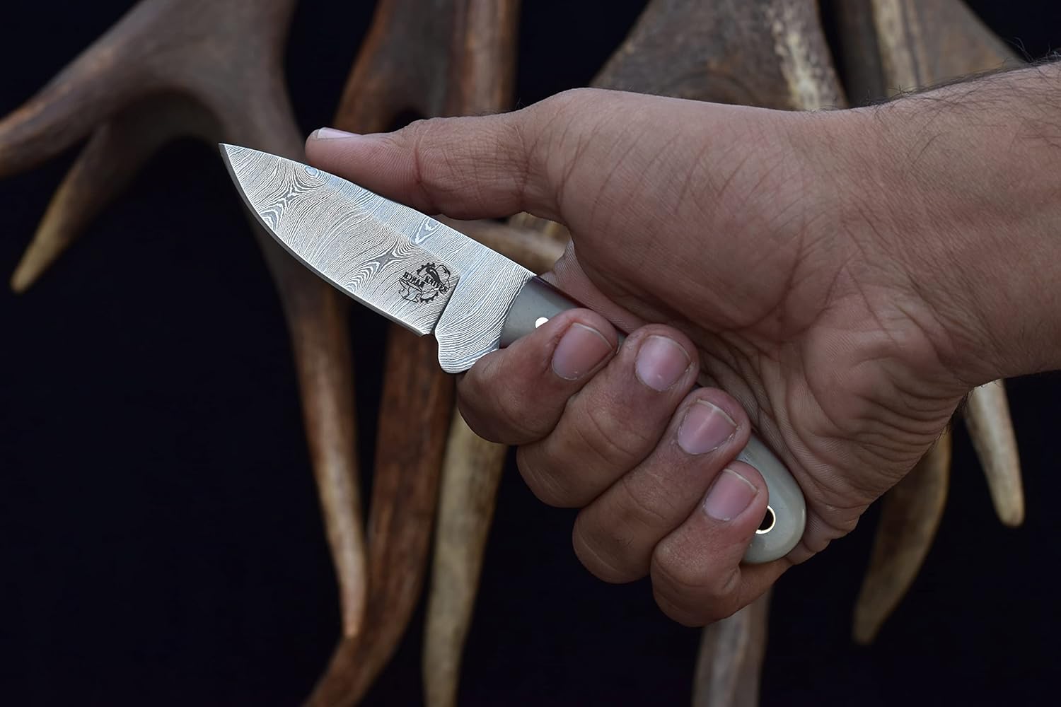 Knives Ranch Handmade EDC Knife - Full Tang Damascus Steel - Bone Handle - Horizontal Carry Cowboy Sheath Snug Fit (4404-B)