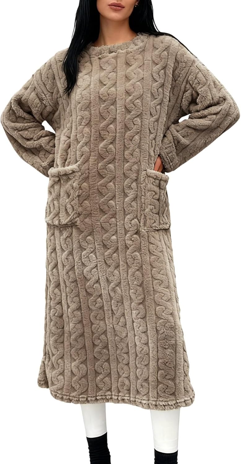 Women's Flannel Nightgown Fuzzy Fleece Cozy Plush Warm Winter Pullover Loungewear Sleepdress O Neck Nightdress