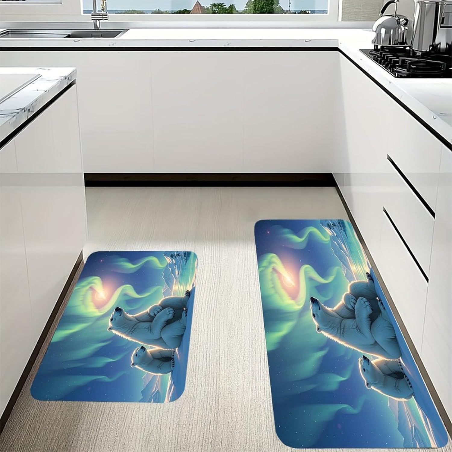 Polar Bears & Northern Lights Kitchen Mats for Floor 2PCS Waterproof Non-Slip Kitchen Rugs Cushioned Anti-Fatigue Mat Heavy Duty Floor Mats Comfort Standing Mat for Kitchen Home Office Laundry image 3