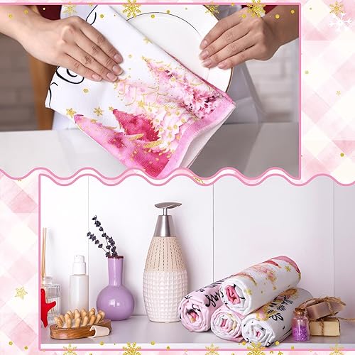 Miniatura 4 de Juego de 4 toallas de cocina rosas de Navidad de 17 x 26 pulgadas, absorbentes de color rosa, toalla de cocina de Navidad, trineo de árbol de Papá