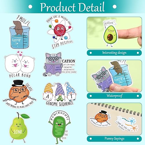Miniatura 3 de 500 calcomanías de química Punny para niños y adultos, divertidas calcomanías de experimentos de biología para botella de agua, laptop, teléfono,