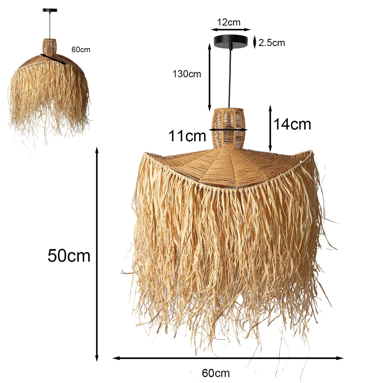 Alpinaluz Lámpara Colgante Rafia Natural D60 cm E27 con Flecos | Cable ajustable 130 cm, estilo boho mediterráneo y pantalla artesanal para salón, comedor o dormitorio