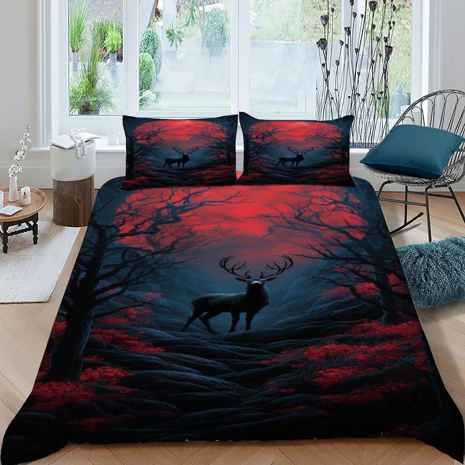Housses de couettes lit King 220x240cm faciles à repasser au motif cerf de forêt