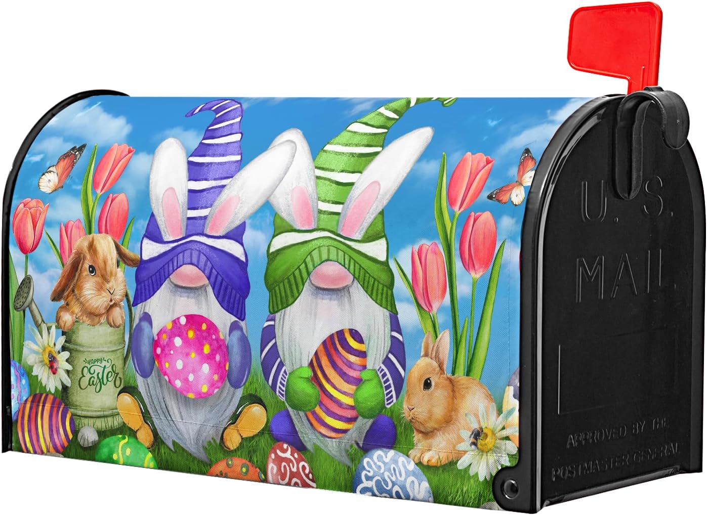 Happy Easter Gnomes Mailbox Covers Magnetic Standard Size 18" X 21",Spring Tulip Flower Easter Bunnies and Eggs Mailbox Wraps Post Letter Box Easter Cover for Holiday Garden Yard Decor