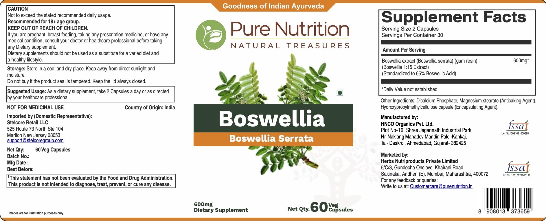 Pure Nutrition Boswellia Serrata 600 mg | 60 Capsules | 15:1 Extract Standardized to 65% Boswellic Acids | Non-GMO Herbal Supplement — Amazon image 7