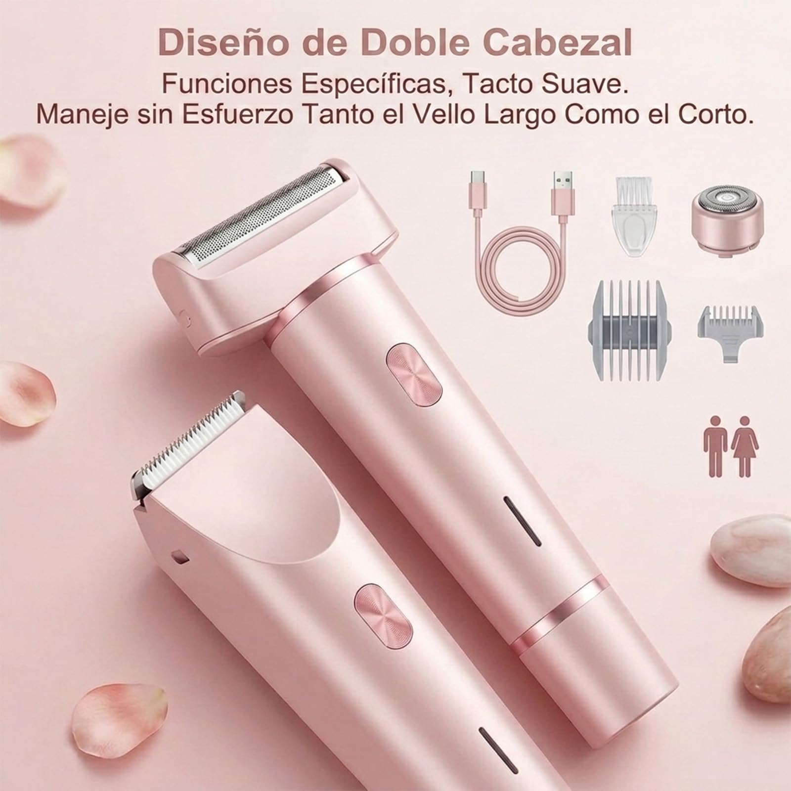 Sanuvia Depiladora Íntima 2 en 1 – Depiladora Eléctrica para Mujer, Cabezal Intercambiable, Exfoliación Suave, Impermeable, Carga USB-C, Ideal para Piel Sensible y Zona Íntima (rosa)