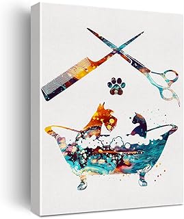 Hijie Dog Grooming Watercolor Poster Canvas Wall Art for Home/Vet Clinic/Salon Decor - Dog Groomers Salon Canvas Print Wall Art Painting Ready to Hang Musician Gifts - Easel & Hanging Hook 12x15 Inch