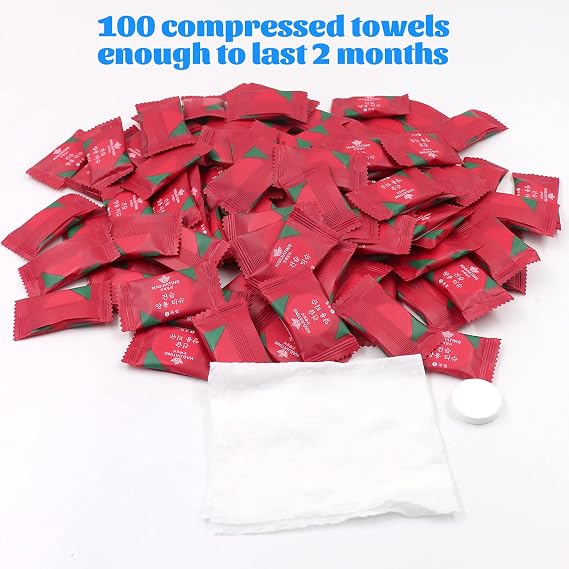 (100 Pcs) Compressed Face Towel, Mini Disposable Face Towel, Camping Towel - Portable Compressed Coin Tissue for Travel/Home/Outdoor Activities (Individual Packaging)