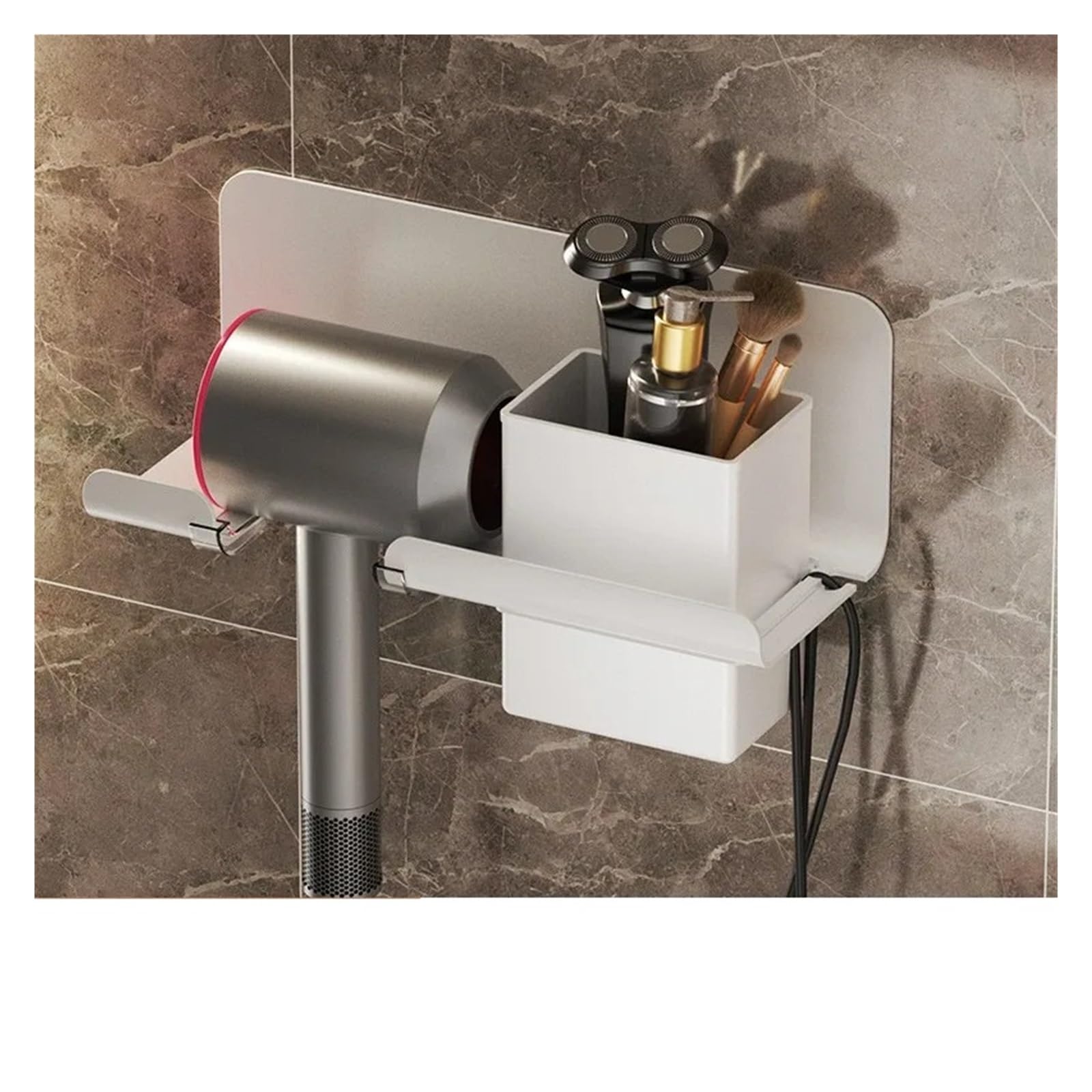 Porta Phon da Muro Porta asciugacapelli a Parete Spazio Mensola da Bagno in Alluminio Organizzato Asciugacapelli Piastra for Rasoio Accessori for Il Bagno(White with Rack)