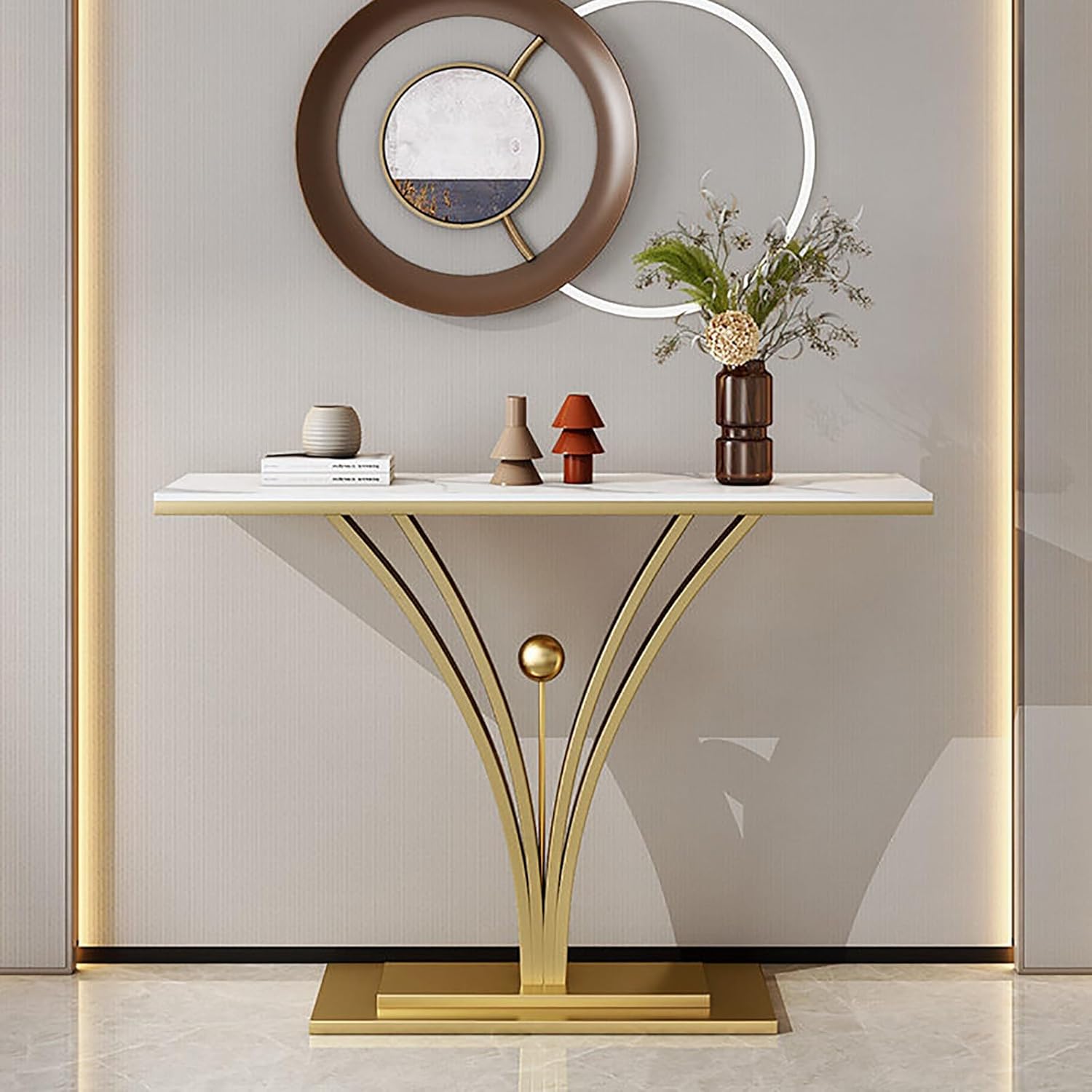 Modern Console Table Rock Slab Entryway Table Metal Couch Table Decorative Furniture for Living Room Foyer Office(Gold,140x30x80cm)