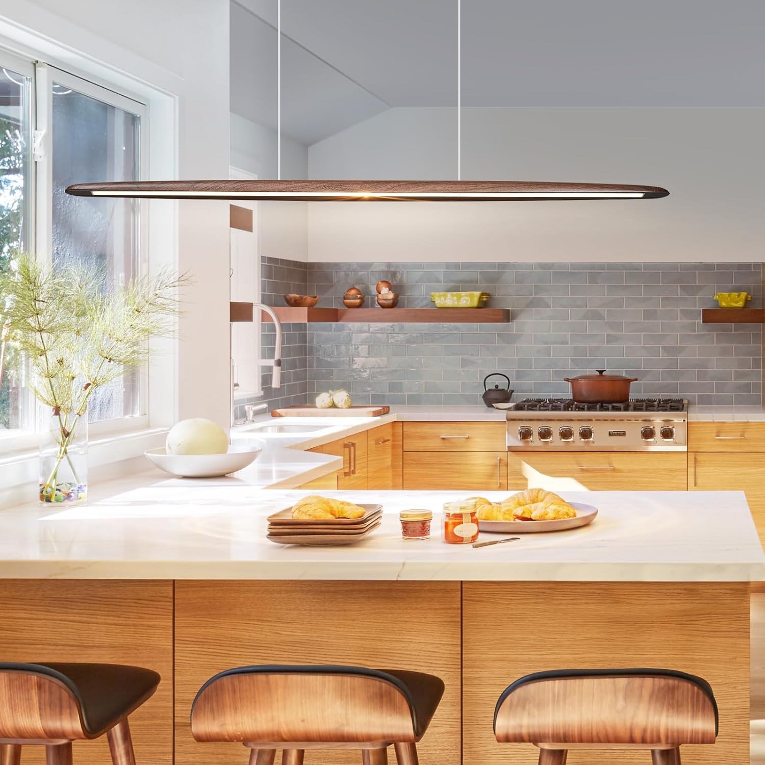 Walnut Linear Pendant Light Fixtures Modern LED Dimmable Pendant Lighting Wood Chandeliers for Dining Room Kitchen Island Pool 59In