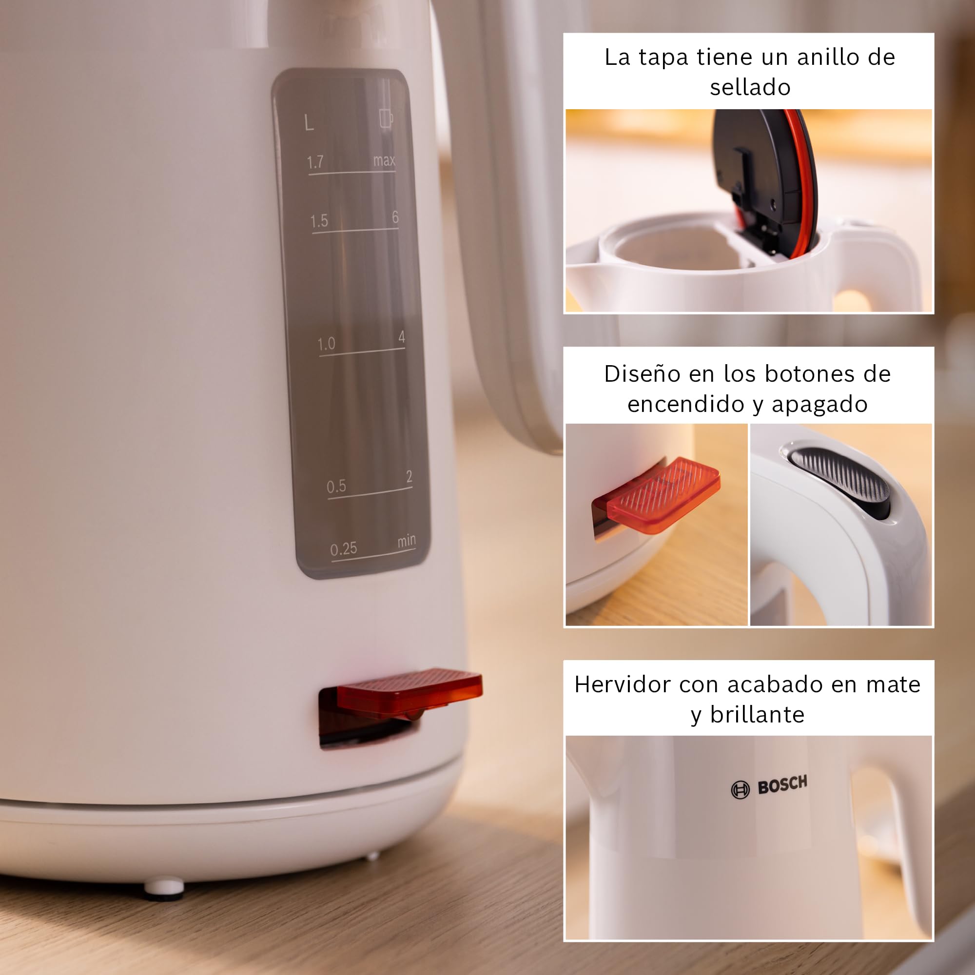 Bosch - Hervidor de Agua, MyMoment, Triple Seguridad, Filtro Anti-Impurezas, 1,7 litros, Blanco, TWK2M161