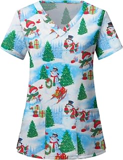 Bourund Christmas Nurse Uniform Tops for Women Cute Snowman Graphic Scrub T-Shirts Clearance Holiday Nurse Gifts