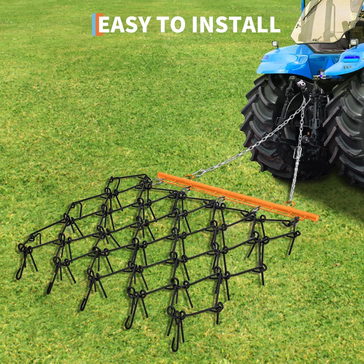 4 ft x 4 ft Heavy Duty Chain Drag Harrow 3/8 in Tines Compatible with Tractors ATV UTV Lawn Tractor Attachments for Leveling, Grading, Breaking Up Soil, Garden Towing, Field, Yard, Farm