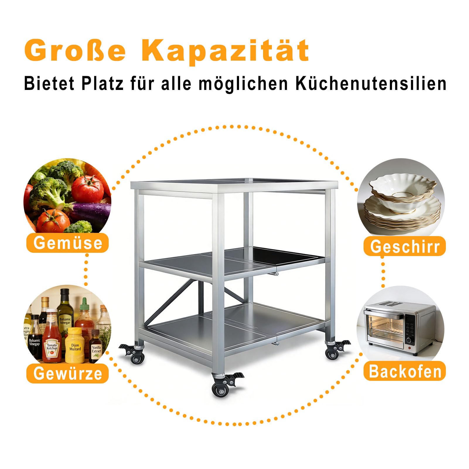 Chariot de Service Desserte Pliable,Chariot de Cuisine Étagère à 3 Niveaux | Inox avec roulettes,60x45x80cm,Pliante Chariot de Rangement pour Buanderie Bureau Salle de Bain