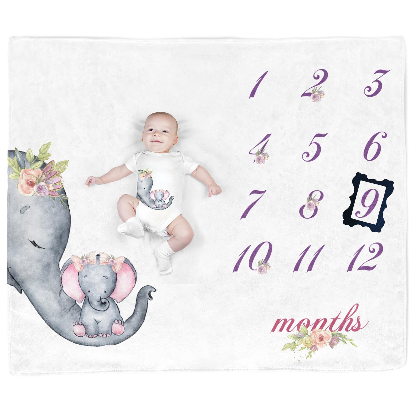 Elephant Baby Stuff, Baby Month Blanket for Newborn Photo Taken - Baby Age Blanket with 2 Frame B32-1