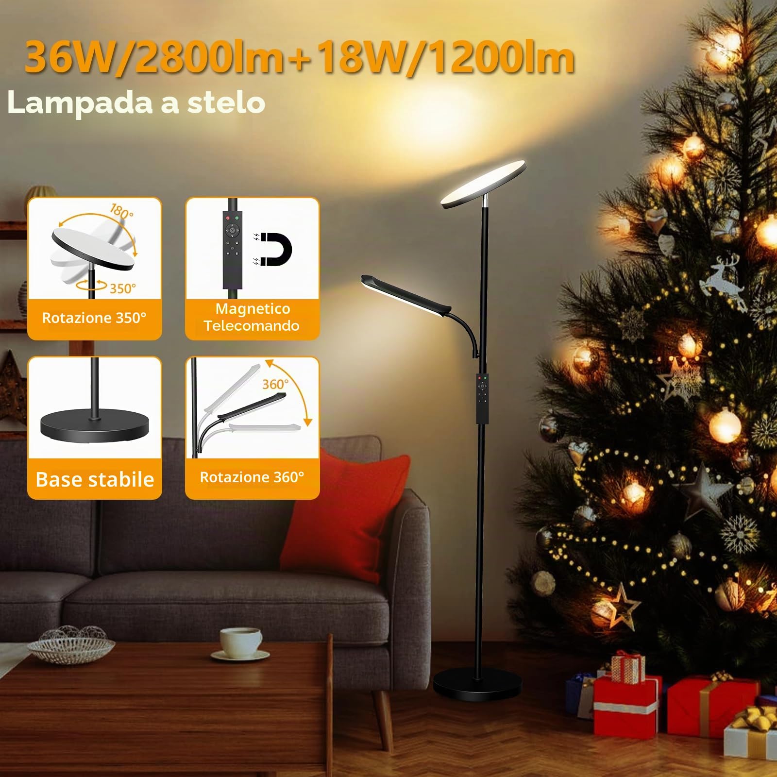 LUCKEA 42W Lampada Da Terra Salotto, 4000lm Piantana Lampada da Terra con lampada da lettura con 2700K-6500K Stepless, Telecomando e Touch Control, Timer 1H, Piantane per Soggiorno Ufficio
