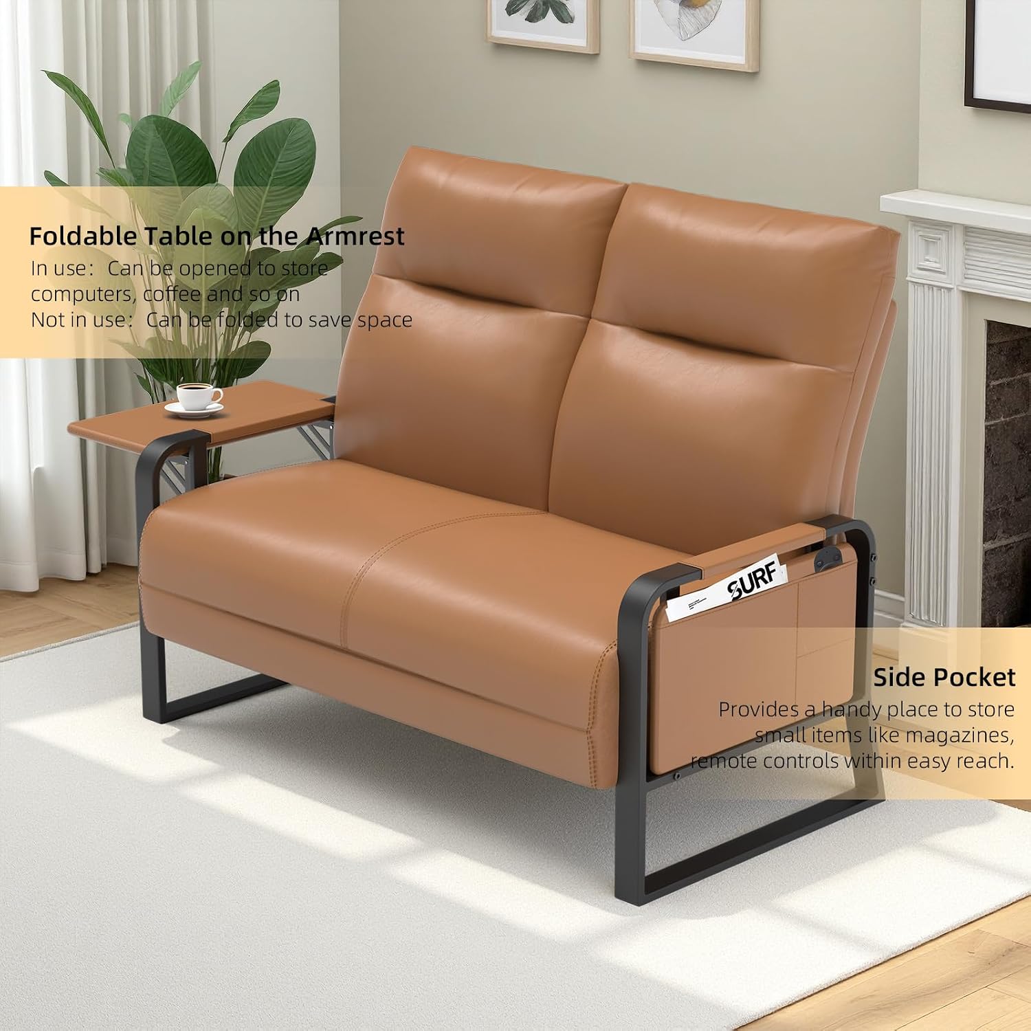Faux Leather Loveseat Couch for Living Room Bedroom Office, Small Sofa 2 Seater Couch with Flip Up Tray Table Side Pockets Leather Loveseats, Brown