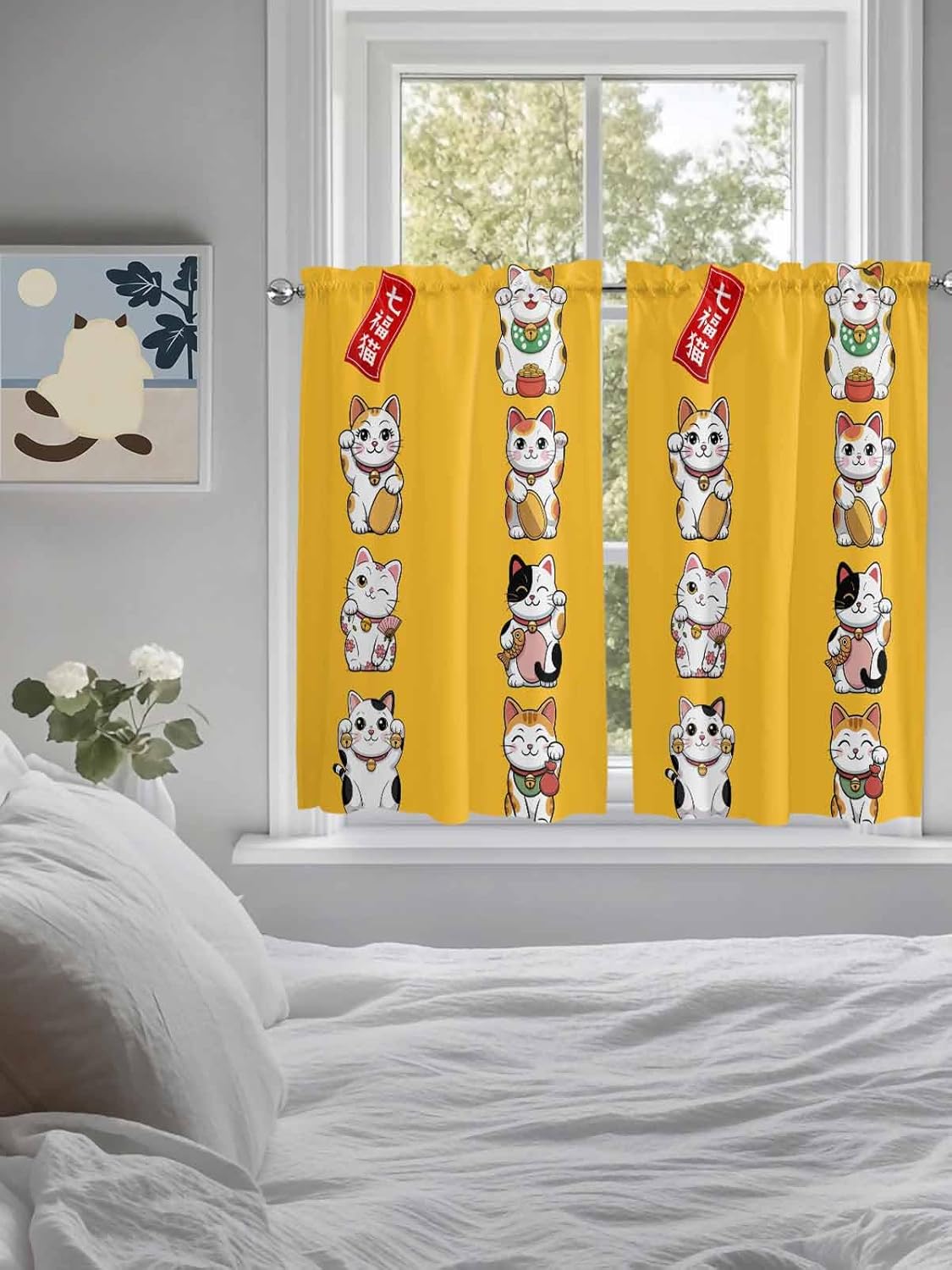 Lucky-Cats Kitchen Curtain 54 Inch Length, Small Short Cafe Tiers Curtains Drape, 2 Panel Window Treatment Rod Pocket Drapery Panels Curtains Japanese Noren Colored Traditional Asian Yellow 84x54