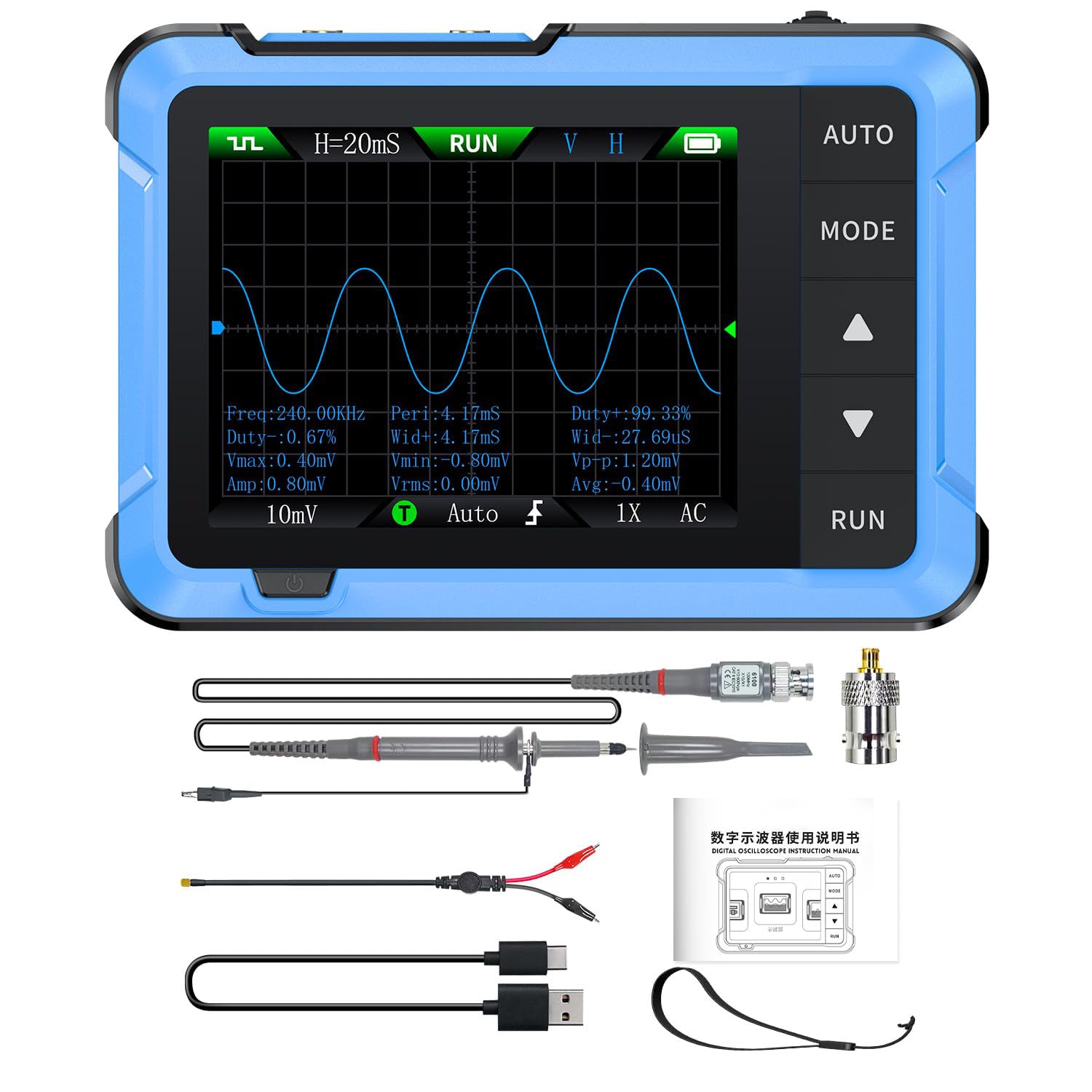 Oszilloskop,Tragbares Oszilloskop,DDS-Signalgenerator DSO510 Digital-Oszilloskop 2,8 Zoll TFT, Bandbreite 10 MHz Abtastrate 48 MSPS