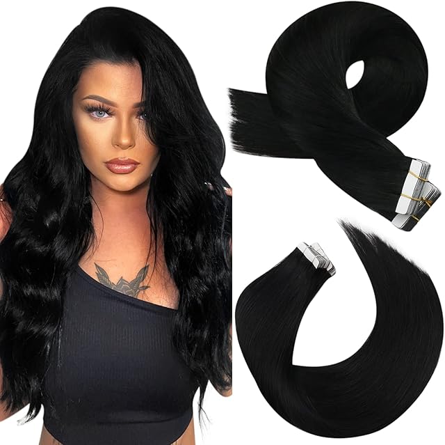 Moresoo Tape in Hair Extensions Human Hair Black Tape in Extensions Jet Black Hair Extensions Tape in Remy 10 Inch 20 Pieces/30g #1