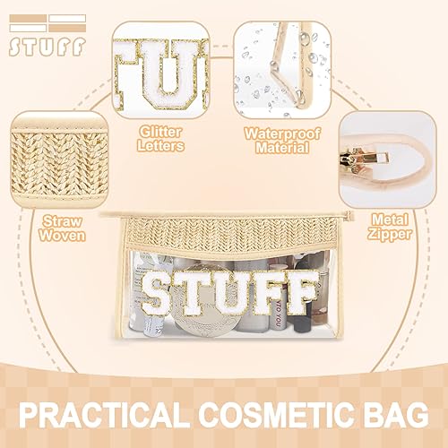 Miniatura 10 de UIXIZQ Pequeñas bolsas de maquillaje transparentes de paja bohemia para mujeres y niñas, bolsa de cosméticos con cremallera de chenilla, bolsa de