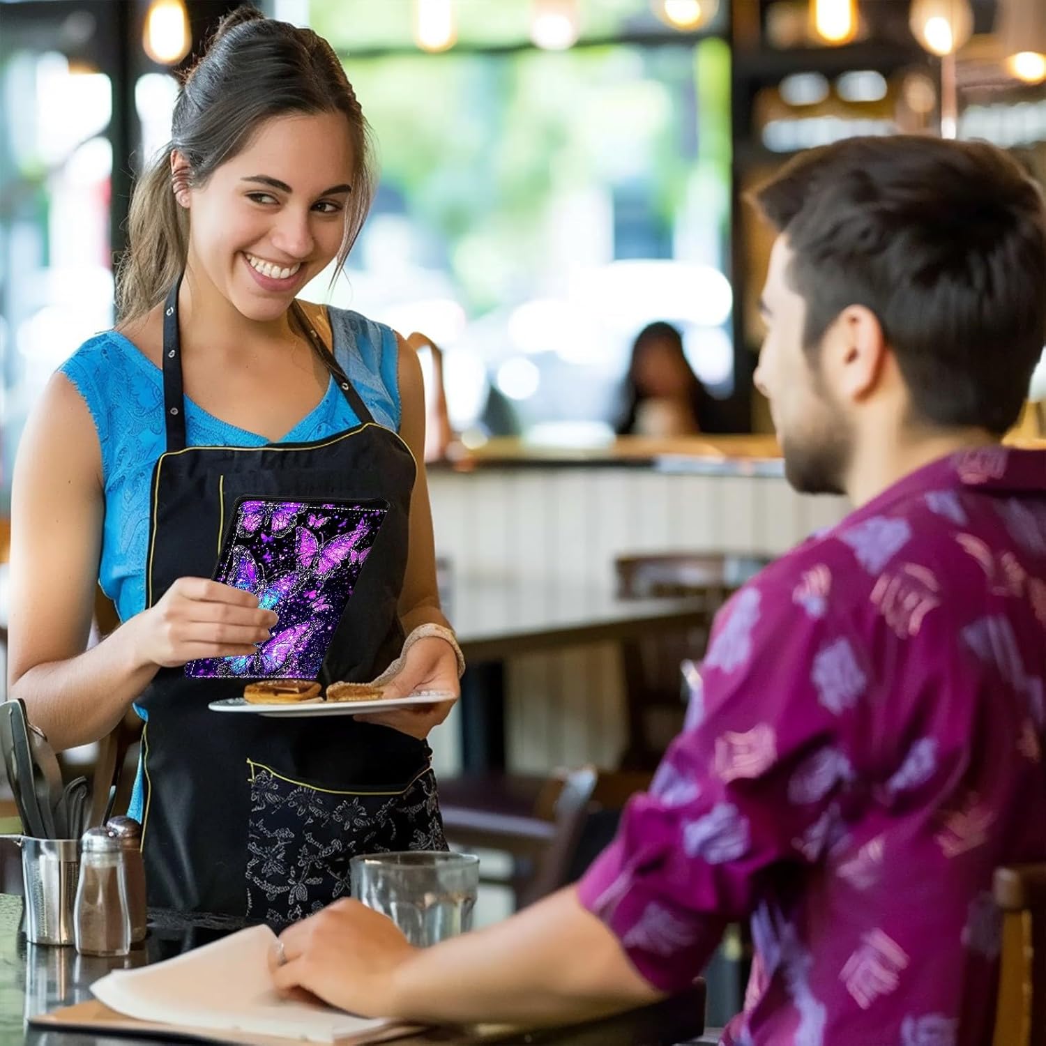 Server Book for Waitress 9 x 5" PU Leather Waiter Book Organizer with Zipper Money Pocket Serving Book Restaurant Guest Check Book Pen Holder Wallet Fit Server Aprons,Purple Butterflies