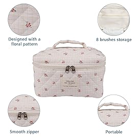 Large Travel Quilted Makeup Bag for Women,Big Floral Cotton Cosmetic Bag, Cute Coquette Aesthetic Floral Toiletry Organizer Bag (Plaid-Flower)
