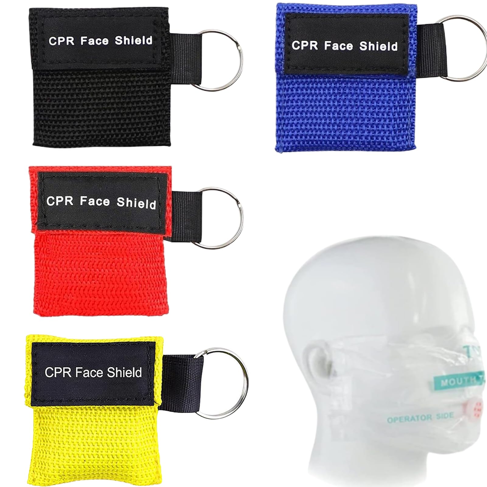 4 mascherine di primo soccorso, maschera di respirazione, portachiavi, maschera CPR Face Shield, panno di ventilazione, protezione da bocca a bocca, adatta per il salvataggio di emergenza