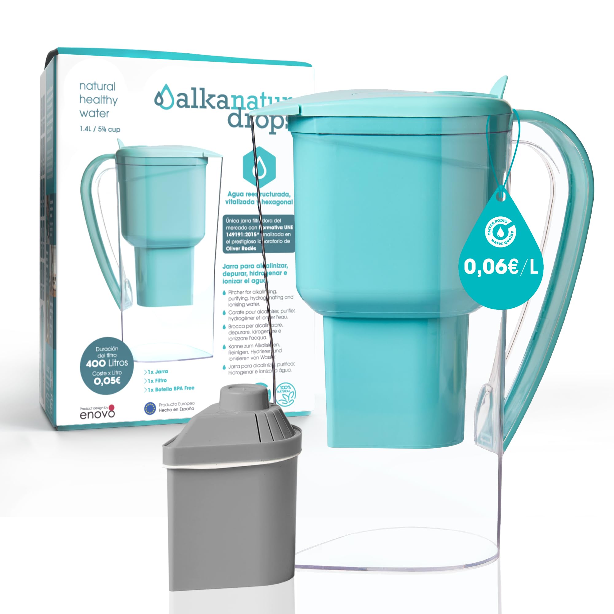 Wasserfilter Filtersystem Trinkwasser Kanne für Leitungswasser mit Zeolith Klinoptilolith Filter Gibt Magnesium Ab pH 9 1.4L Entfernt Kalk Chlor Metalle Ohne BPA Water Filter Jug ALKANATUR