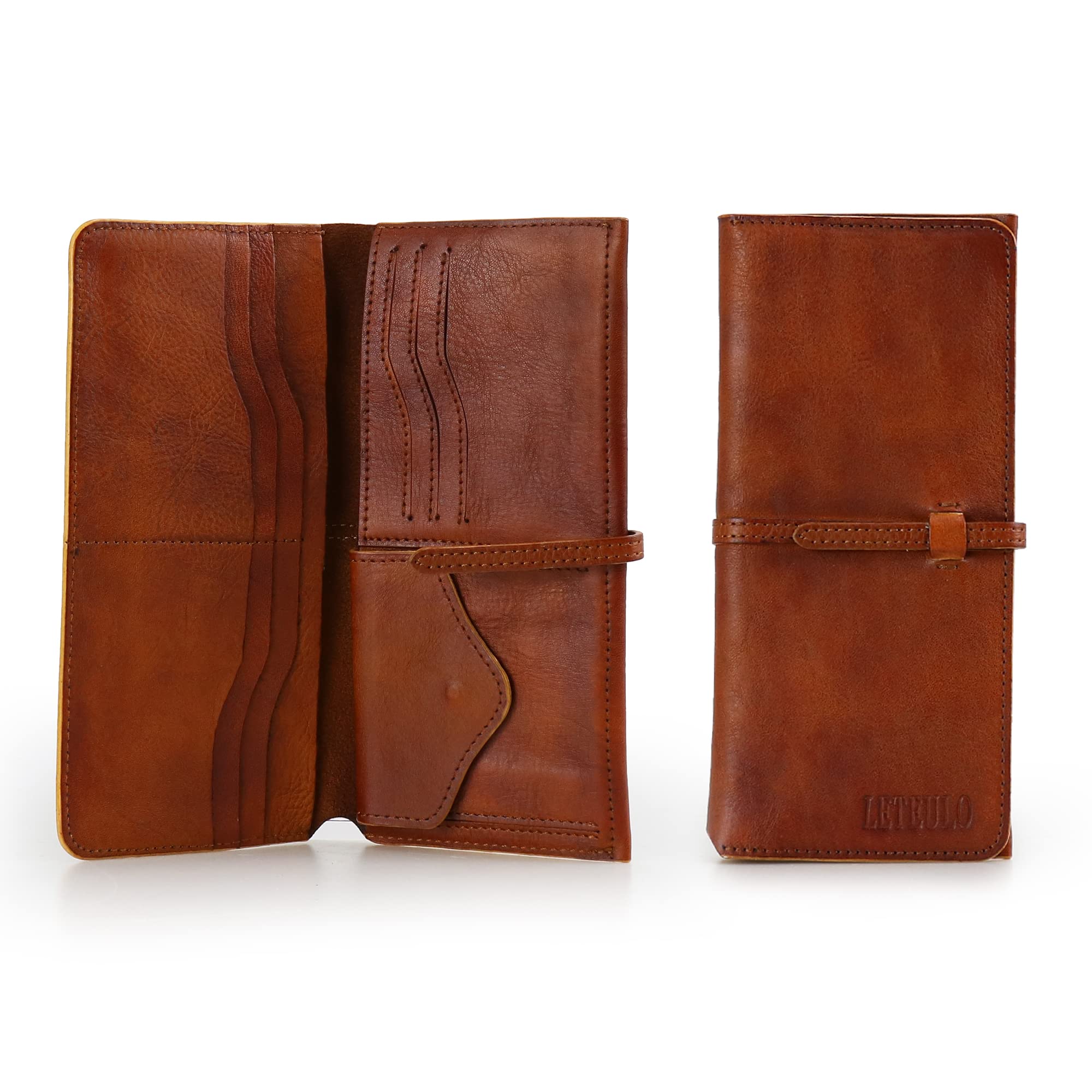LETEULO Geldbörse Damen Echt Leder Gross Geldbeute Karten Organizer Geldbeutel Lang Portemonnaie Frauen Portmonee Damen Brieftaschen Braun