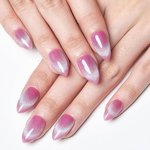 Miniatura 5 de GLAMERMAID Uñas postizas cortas a presión, color almendra, rosa arcoíris, rosa, primavera y verano, hechas a mano, pegamento de gel, 24 piezas,