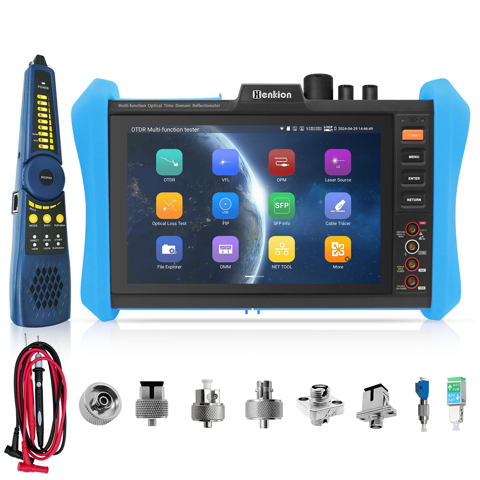 Henkion OTDR-Glasfasermessgerät 8 Zoll IPS-Touchscreen, 1310/1550nm 28/26dB Fiber Optic Tester, Netzwerktester mit Event Map, LS, OPM, VFL, OLS, Digitalmultimeter, SFP, WLAN und RJ45 Kabeltest