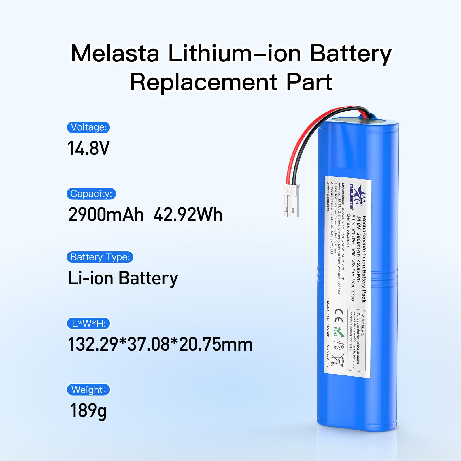 melasta Li-Ion-batterij voor iLife V3s Pro, V40, V50, V5s Pro, V5x, V80, V8s, V85, X750 serie, 14,8 V, 2900 mAh, voor Medion MD13202, MD18500, MD18501, MD18600, MD19510, MD195510, MD195510, MD195510 melasta Li-Ion-batterij voor iLife V3s Pro, V40, V50, V5s Pro, V5x, V80, V8s, V85, X750 serie, 14,8 V, 2900 mAh, voor Medion MD13202, MD18500, MD18501, MD18600, MD19510, MD195510, MD195510, MD195510