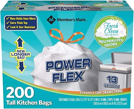 Members Mark Power Flex Tall Kitchen Drawstring Trash Bags 13 Gallon, 2 Rolls of 100 ct., 200 count total