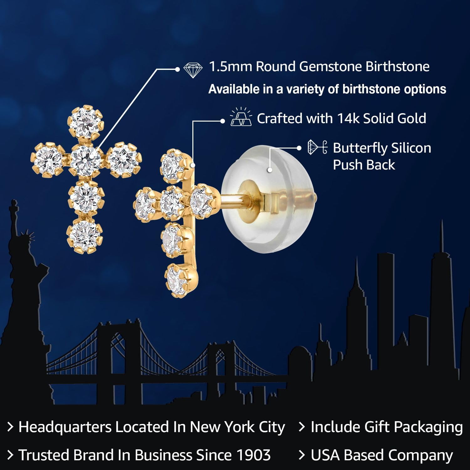 Gem Stone King 14K Gold Cross Stud Earrings | Jesus Christian Religious Crucifix Jewelry Earrings | Lab Grown Diamond Created Ruby or Created Sapphire Gold Earrings For Women Men