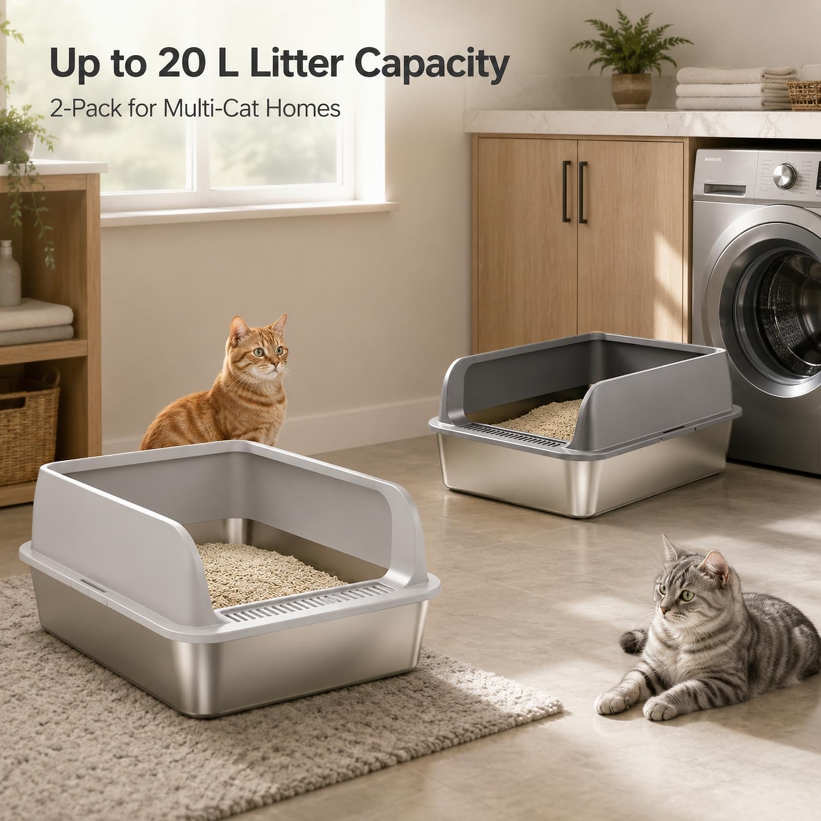 Set di 2 lettiere per gatti in acciaio inox, grande lettiera in acciaio inox, con bordo alto, per gatto, 60 x 40 x 20 cm, pala per gatti (L)