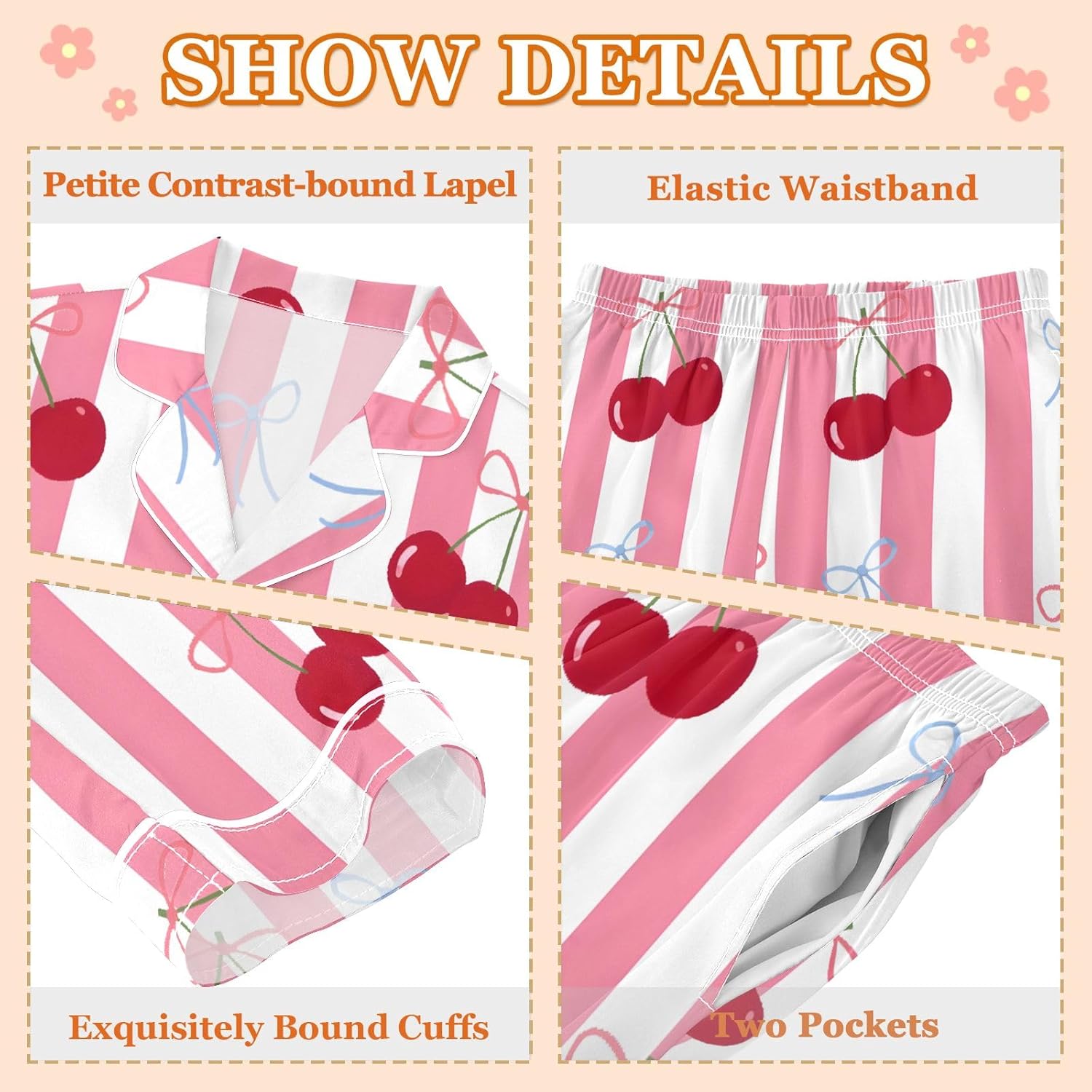 Kids Casual Satin Wear Set Cherry Bow Stripe Pattern Unisex Relaxed Fit Clothing
