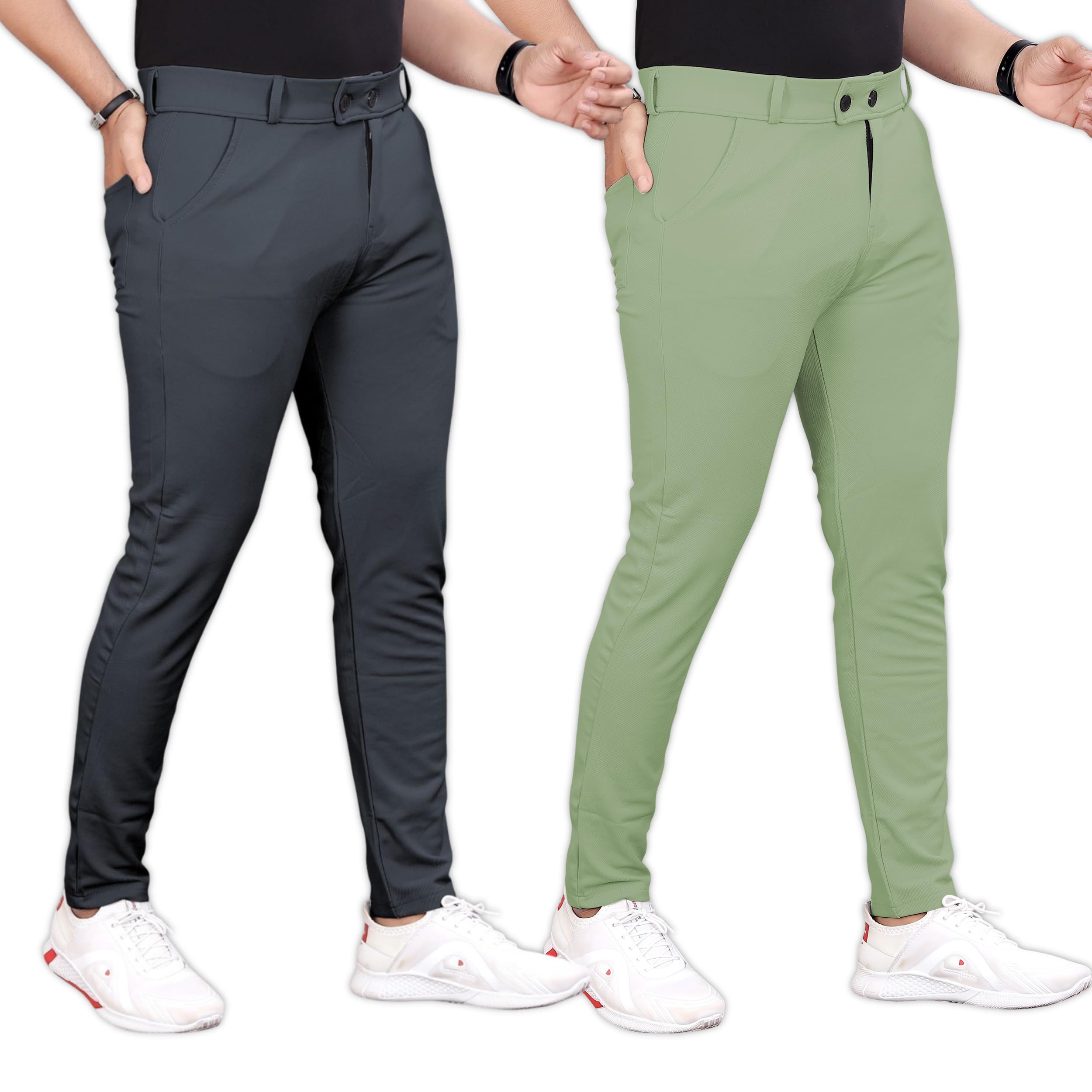 Men's Formal Slim Fit Trousers | Mid-Rise Solid Pants with Button Closure | Perfect for Office (Pack of 2)-image-5